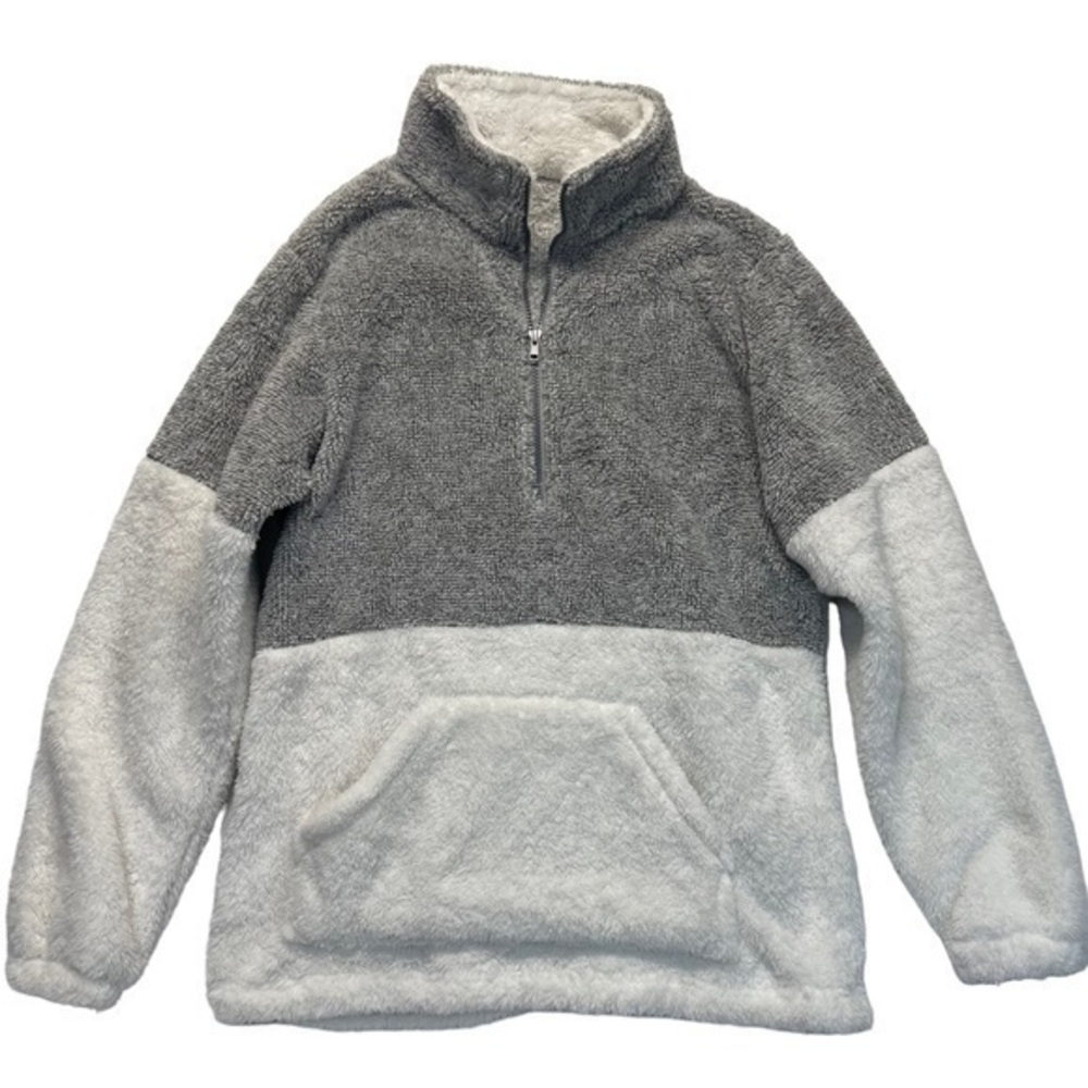 Women’s Gray & White Teddy Fleece Half Zip Pullover | Cozy Polar Fleece | Size M